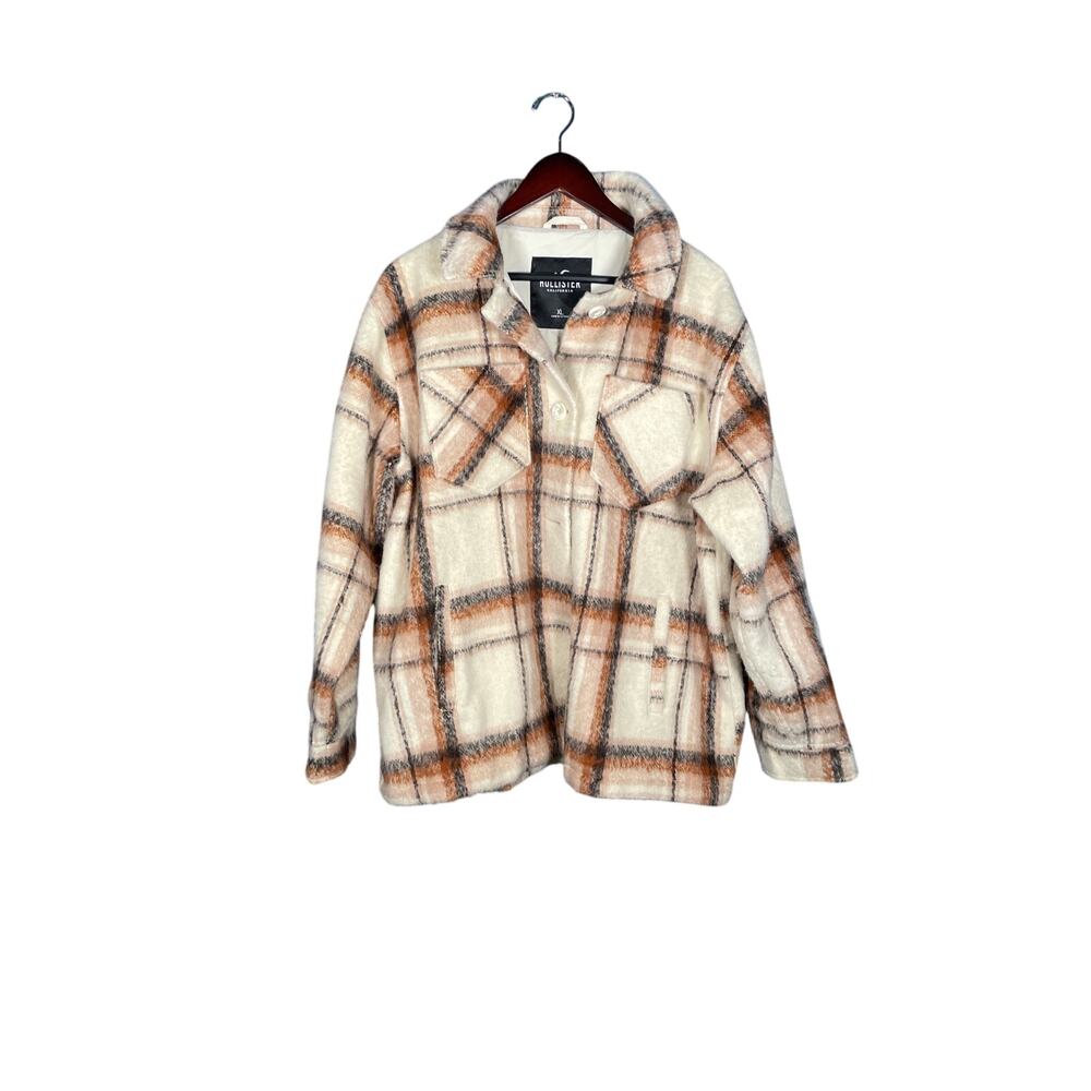 Hollister Jacket Womens XL Brown/Cream Plaid Lined Button-up Pockets Streetwear